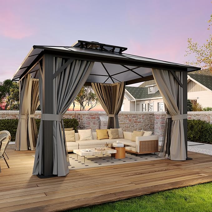 12’x12’ Hardtop Gazebo with Double Polycarbonate Roof Outdoor Metal Gazebo Sturdy Aluminum Frame & Removable Curtains, Netting Permanent Pavilion Pergola for Garden,Patio,Lawn (Gray)