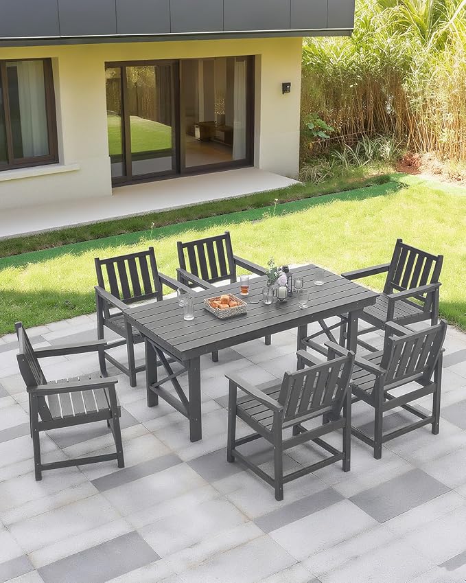 Outdoor HDPE Dining Table Set, 7-Piece Outdoor Patio Dining Sets with Umbrella Hole Cut-Out Table and 6 Chairs for Backyard, Deck, Garden and Poolside, Gray