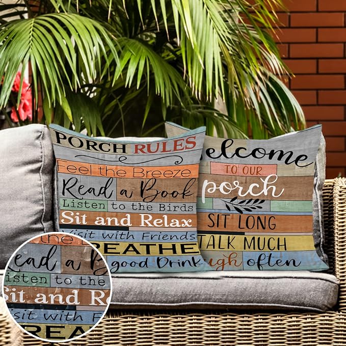 Porch Rules Sign Outdoor Pillow Covers Waterproof Welcome to Our Porch Patio Pillow Covers for Couch Bench Patio Furniture Set of 2