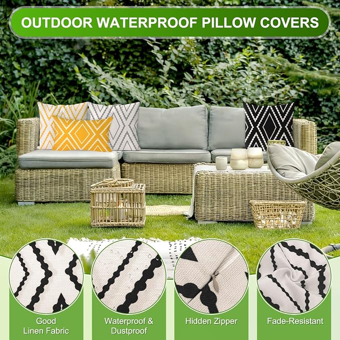 M METERXITY 2Pcs Boho Pillow Cover 20x20 Linen White Black Stripe | Water Resistant Boho Geometric Slipcover, for Patio, Balcony, Garden, Decor Pillow Case