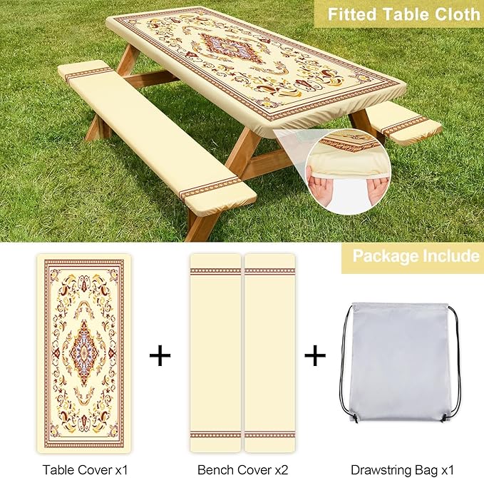 Picnic Table Cover with Bench Covers Camping Essentials Waterproof Windproof Camping Tablecloth with Drawstring Bag, Fitted Rectangle Tables and Seats, 72in, Light Brown