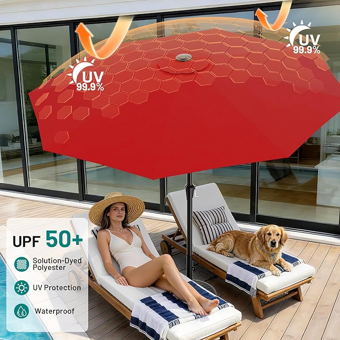 AreShark 10 FT Outdoor Patio Umbrella, Patio Table Umbrella with Push Button Tilt and Crank, Outdoor Patio Umbrellas with 8 Fiberglass Ribs, Patio Umbrellas for Market, Garden, Pool (Red)