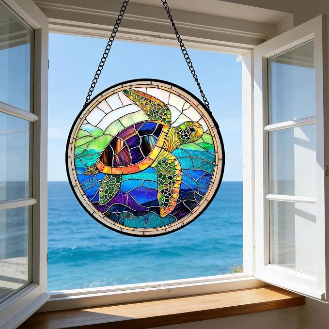 DASTOLL Stained Glass Window Hanging, Colored Turtle Ocean Suncatcher Diamond Glass Panel Hangings Marine Life Sun Catchers Decor for Birthday for Women, Men, Wife, Aunt, Mom 6.3 in