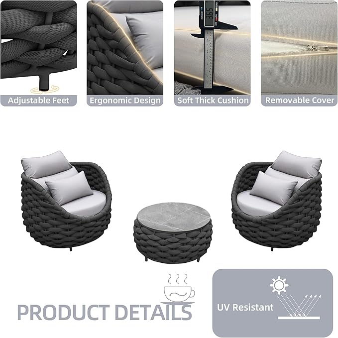 TWT 3 Pieces Aluminum Patio Furniture Set Modern Patio Set with Coffee Table, No Assembly Required Outdoor Conversation Set with Dark Grey Cushions for Balcony, Porch, Lawn