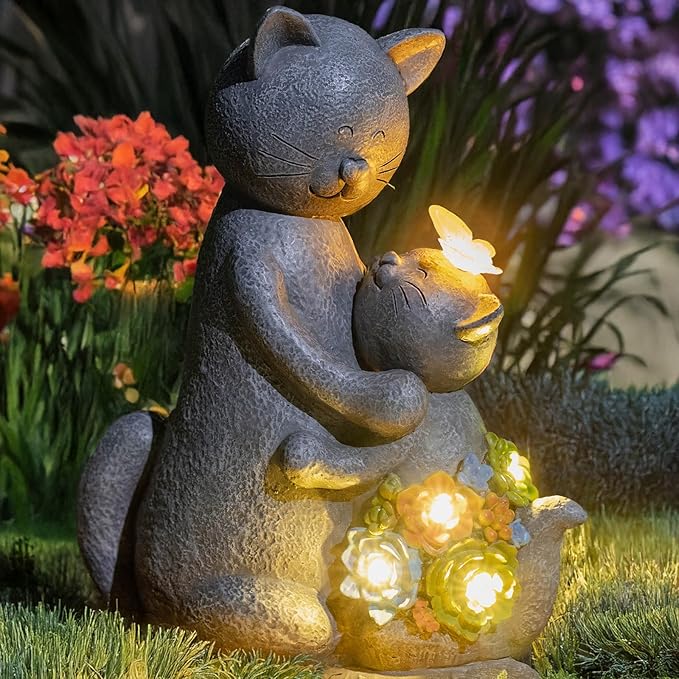 Candieslife Solar Garden Statues Loving Cat Figurine Lights for Outside, Yard Decorations Outdoor, Garden Decor Unique Mothers Day Birthday Housewarming Gifts for Mom, Women, Lover