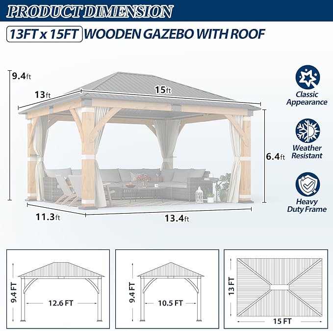 COVERONICS 13FT x 15FT Outdoor Spruce Wood Gazebo - Patio Wooden Frame Gazebo with Galvanized Steel Roof, Heavy-Duty Hardtop Gazebos with Netting & Curtains for Garden, Poolside, Deck, Backyard