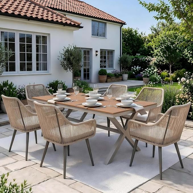 JOIVI 7 Piece Patio Dining Set for 6, All-Weather Outdoor Dining Furniture with Hand-Woven PE Rattan Chairs and Rectangular Dining Table, Outdoor Table and Chairs Set for Backyard, Porch, Tan