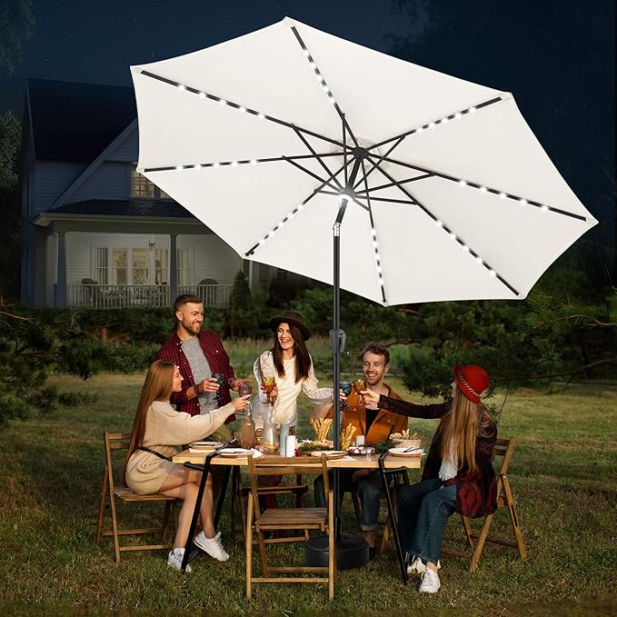 FLAME&SHADE 11 FT Solar Light Patio Umbrella, 40 LED lights outdoor umbrella with Centre Surround Light, Table Market Umbrella for Deck, Pool, Porch, Backyard, Garden, UV Protection, Ivory