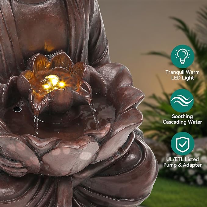 Zen Buddha Water Fountain Outdoor, 19" H Handcrafted Buddha Statue Water Feature with Soothing Waterfalls & Lights, Peaceful Oasis for Garden Patio Yard Deck Living Room Floor Tabletop Decor