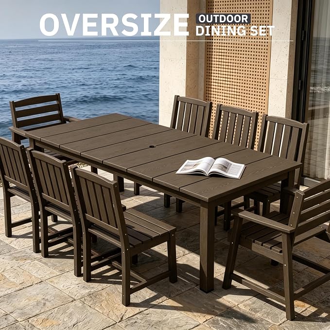 AreShark 9-Piece Outdoor Dining Set,HDPE Patio Table with 8 Chairs,All-Weather Patio Furniture Set with Umbrella Hole,Low Maintenance Wood Grain Dining Set for Backyard,Garden,Poolside,Coffee