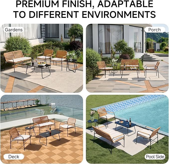 4-Piece Patio Conversation Set with Cushions, Outdoor Wicker Bistro Furniture with Rectangle Tempered Glass Coffee Table, All-Weather Rattan Loveseat Chairs for Porch, Backyard, Deck, Garden