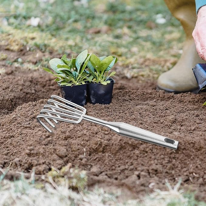 Hand Rake Stainless Steel Heavy Duty Garden Rake Weeding Tool Ergonomic Claw Rake Soil Tiller Portable Planting Rake Suitable for Flower Beds Yard Wor , 5 Tine