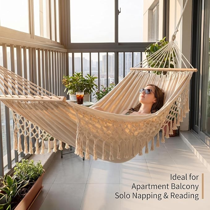 Bohemian Canvas Hammock with Tassels, 79"x39", 300 lbs, White | Soft Breathable Cotton Canvas Hammock,79x39in,2 Hanging Straps Wooden Bar;3 colors,compact for students renters dorm balcony