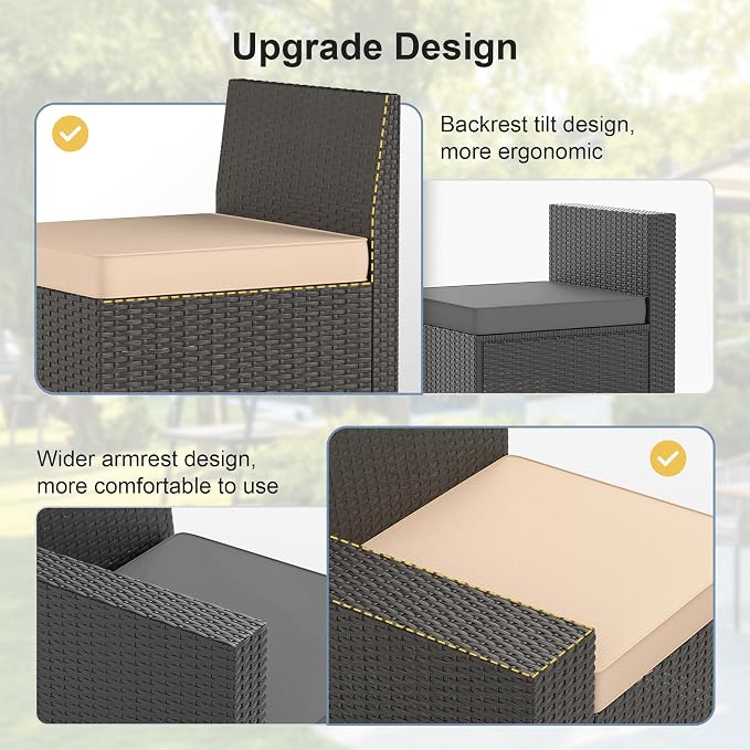 Patio Furniture Set with Fire Pit Table, 7PCS Outdoor Conversation Sets Waterproof Rattan Sectional Sofa with 4” Thickened Cushion Modular Wicker Patio Furniture Set with Glass Top Table (Kahki)