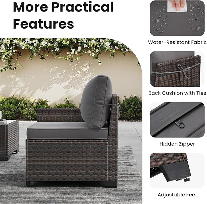 Soohow 7-Piece Patio Furniture Set with 44" Fire Pit Table, Outdoor Sectional Wicker Rattan Conversation Set for Garden, Porch, Backyard - Grey Cushions
