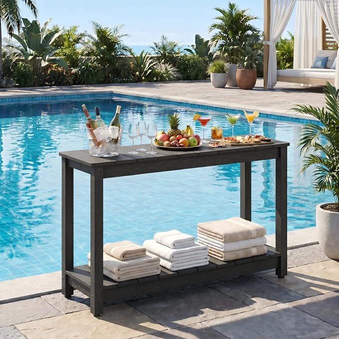 Stoog Outdoor Console Table, All-Weather 2-Tier Patio Console Table with Adjustable Feet, Low Maintenance, for Backyard, Garden, Entryway, and Deck, Black