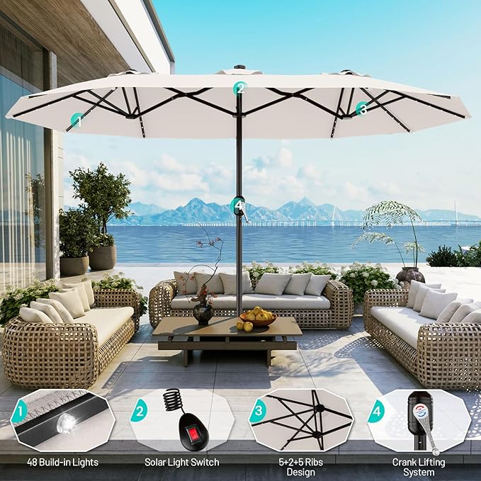 AreShark 13 FT Patio Umbrella with Solar Lights, Double-Sided Outdoor Table Umbrellas with Crank, Large Rectangular Market Umbrella for Porch, Lawn, Pool, Backyard, Cream-White