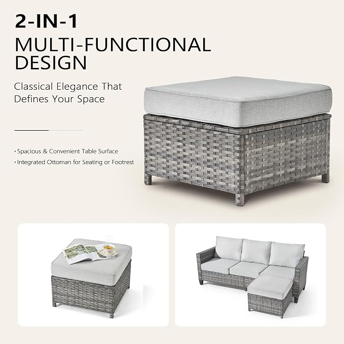 CAODOC 7-Piece Outdoor Wicker Patio Set with 7 Seats, Including 53" Fire Pit - Swivel Rocker Chairs and Conversation Set for Backyard or Lawn, Gray Rattan with Waterproof Gray Cushions