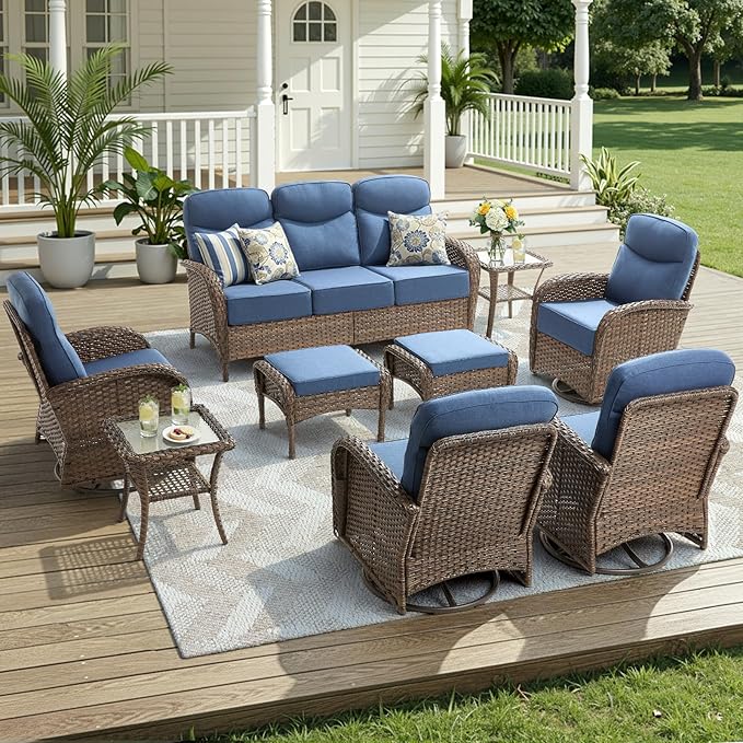 Luxury Outdoor Patio Furniture Set with 6-Inch Thick Cushions, 9 Pieces Wicker Outdoor Furniture with High Back Swivel Patio Chairs Set of 4, Outdoor Patio Conversation Set for Deck Garden, Blue