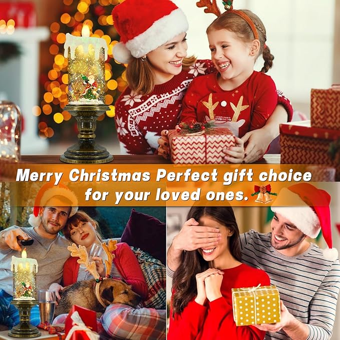 AOMIL Christmas Flameless Candles, Flickering Flameless Candles with Timer, Christmas LED Candles Battery Operated, Snow Globe Candle Light for Christmas Decorations