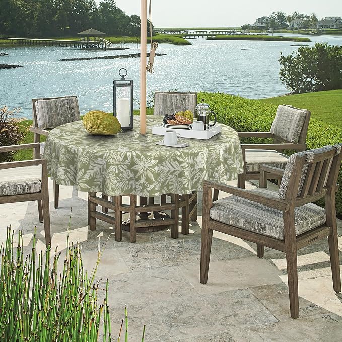 DYTXIII Outdoor Round Tablecloth with Umbrella Hole 60 Inch, Water Repellent & Fade Resistant Table Cover, All Weather Outdoor Tablecloth for Garden & Party Table, Tropical Leaf Green