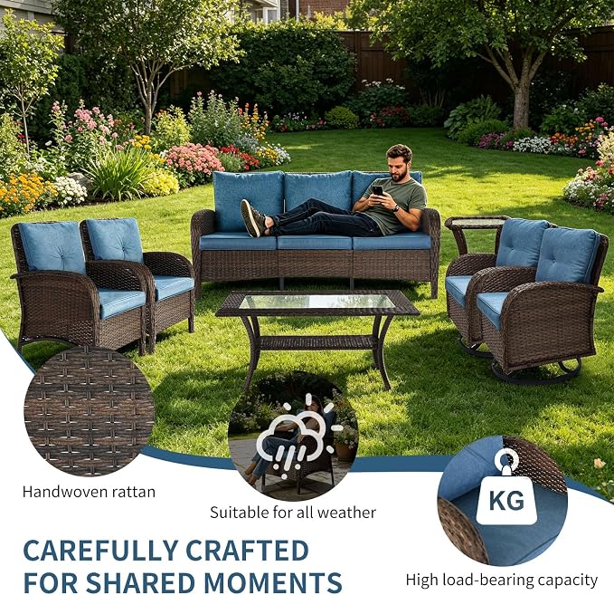 Outdoor Swivel Rocker Patio Chairs (Brown Wicker/Blue Cushion, 7PC/Sofa & Swivel & Chair &2 Table)