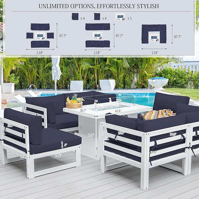 BULEXYARD 9 Piece L Shaped Contemporary Aluminum Outdoor Furniture Set with Firepit, 29" Deep Wide Large Couch Set, 500 lbs High Weight Capacity Modular Patio Sectional Sofa for Exterior, Navy Blue