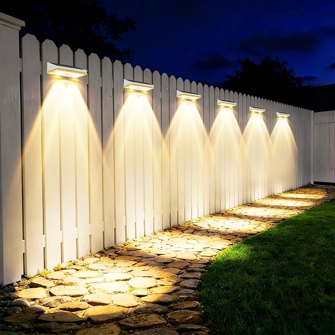 Solar Fence Lights Outdoor, 2 Pack Ultra-Bright 85LM Fence Lights Solar Powered, 9 RGB Color Modes, IP65 Waterproof, 12H Dusk to Dawn Glow for Pool/Deck/Patio/Wall/Backyard - White