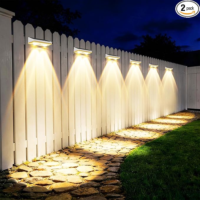 Solar Fence Lights Outdoor, 2 Pack Ultra-Bright 85LM Fence Lights Solar Powered, 9 RGB Color Modes, IP65 Waterproof, 12H Dusk to Dawn Glow for Pool/Deck/Patio/Wall/Backyard - White
