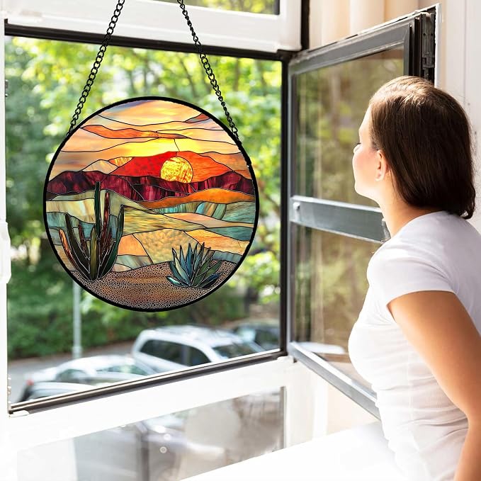 DASTOLL Stained Glass Window Hanging, Golden Landscape Dusk Sunset Suncatcher for Doors Window Home Cactus Sun Catchers Decoration Mother's Day Birthday Gifts for Women, Men, and Mom 11.8 in