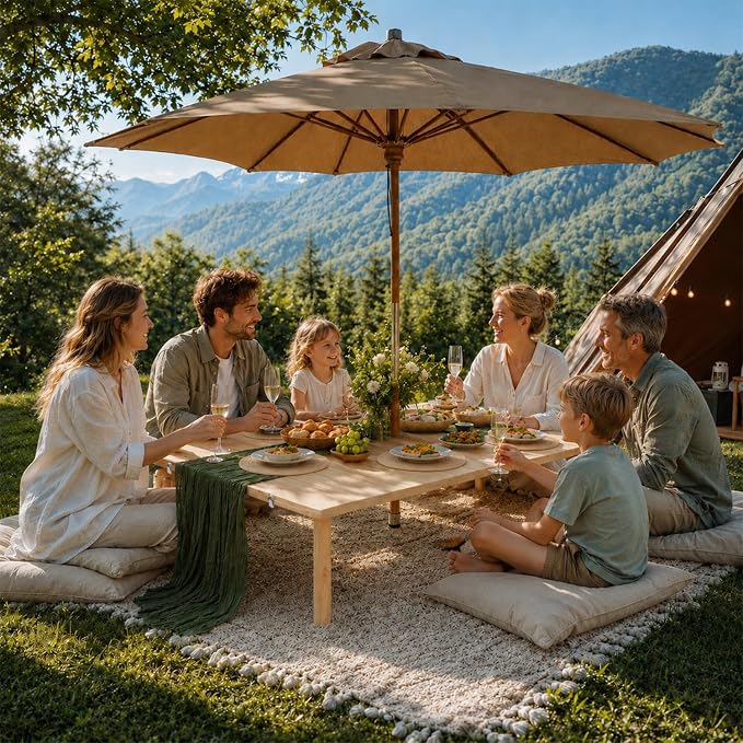 60" Folding Picnic Table with Table Runner & 6 Placemats, Solid Wood Portable Low Picnic Table for Seating 6, Wooden Foldable Table for Outdoor Camping, Beach, Boho Party, Patio (Natural)