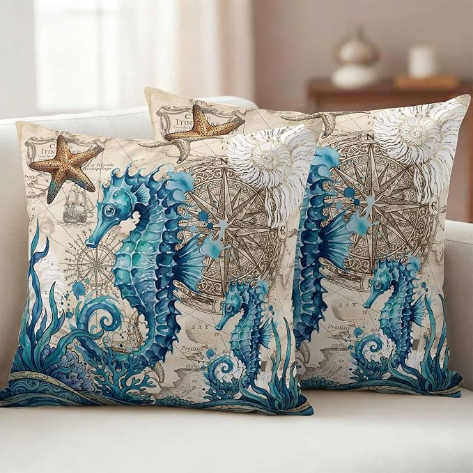 Nautical Coastal Outdoor Pillow Covers 24x24 Inch Throw Pillow Covers Set of 2 Waterproof Decorative Pillow Cases Retro Marine Life Seahorse Compass Map Beige Cushion Covers for Patio Furniture Garden