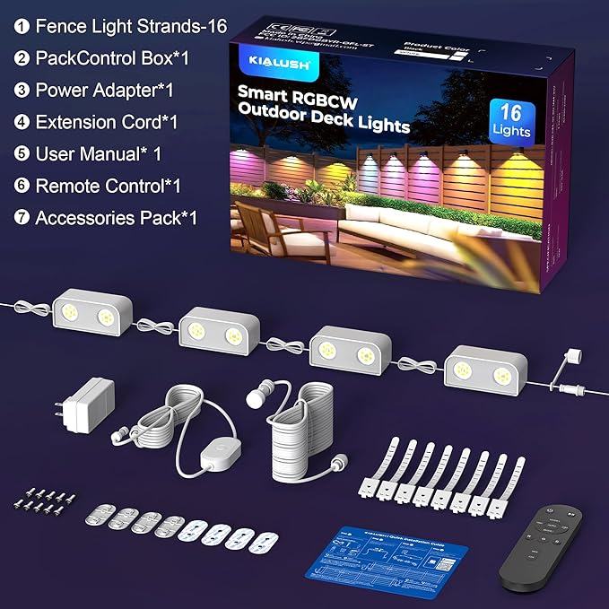 Outdoor Deck Lights, 16 Lights Smart Fence Lights Compatible with Alexa & Google Home, IP65 LED Patio Deck Lighting with Remote, Fence Lighting Music Sync for Patio Yard Garden(104.8ft)