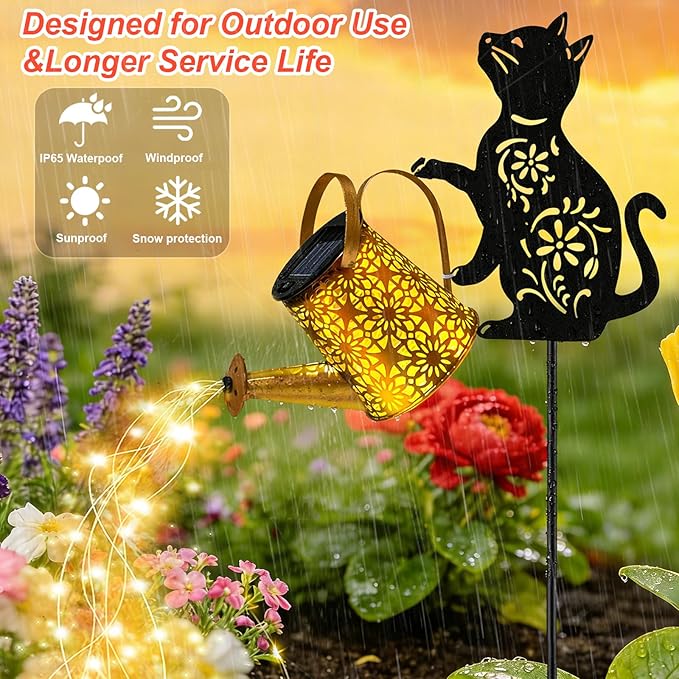 VOOKRY Solar Watering Can Lights Outdoor with Cat Silhouette Stake, Garden Gifts for Mom, Women & Garden Lovers Waterproof Metal Garden Lantern, Decorative Yard Patio Lawn Pathway Decor(2 Pack)