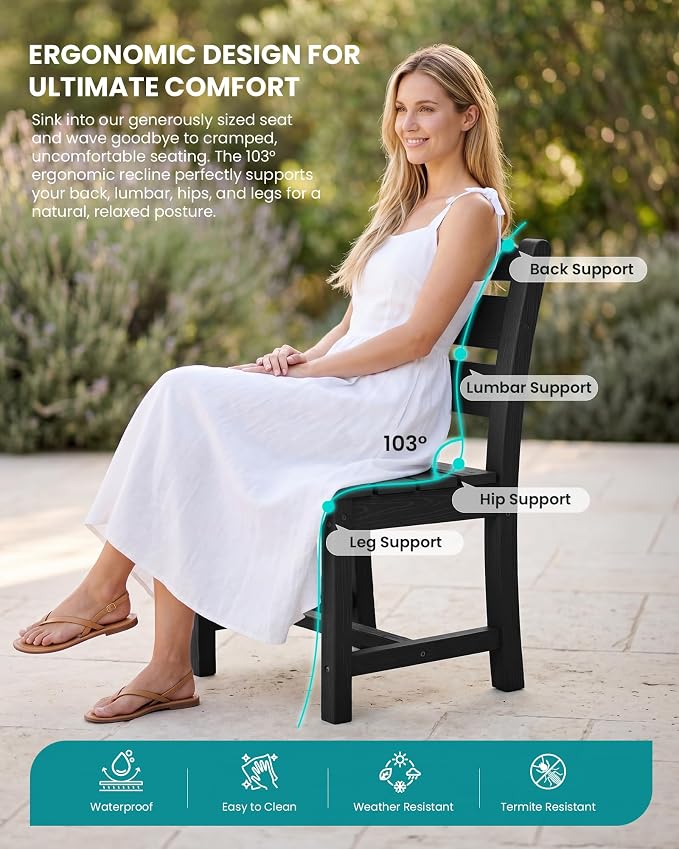 SERWALL Armless Outdoor Dining Cahir Set of 2, Black | SERWALL Patio Dining Chair, All Weather Dining Chair Set of 2, Outdoor Dining Chair with Widened Seat, Black