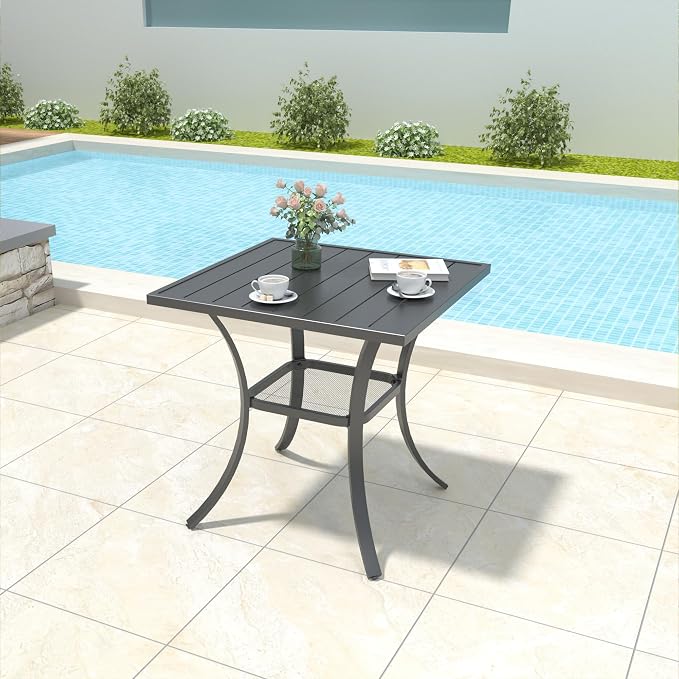 Anmutig 3-Piece Outdoor Dining Set, Small Metal Bistro Table with 2 Stackable Sling Chairs, 27.5 x 27.5 Inch Square Table, Blue Fabric