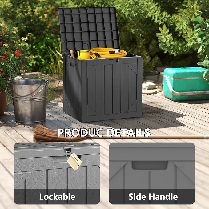35 Gallon Small Waterproof Outdoor Storage Box, Resin Deck Box Lockable for Patio Furniture, Garden Tools, Pool Accessories, UV-Resistant for All Weather Use, Grey