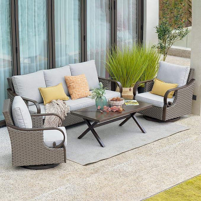 Grand Patio 4-Piece Outdoor Patio Furniture Set - Rocking Conversation Swivel Chairs, Coffee Table - Wicker Furniture with Woodgrain Finish Frame, Ponce Harbor Dark Brown