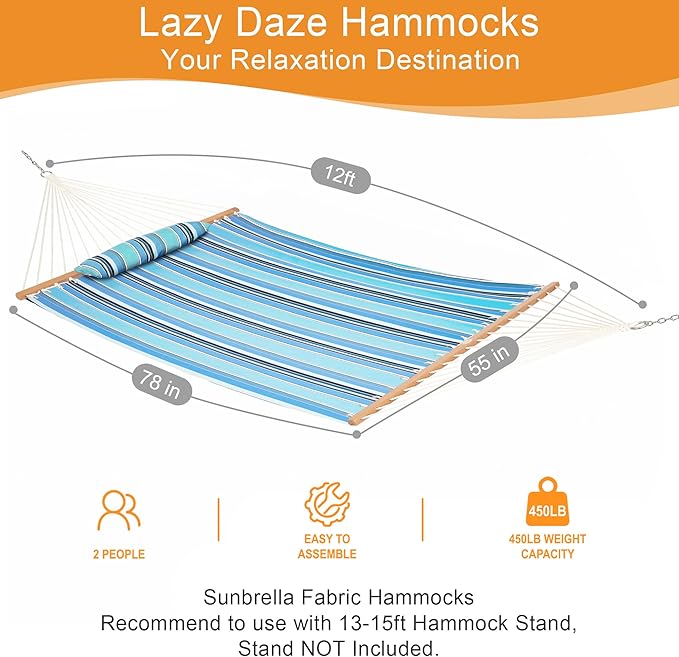 Lazy Daze Hammocks 12 FT Sunbrella Fabric Hammock not Fading with Spreader Bars and Free Pillow Fits for 2 Persons, All Weather and Fade Resistant for Patio Yard, 450 lbs Capacity, Dolce Oasis