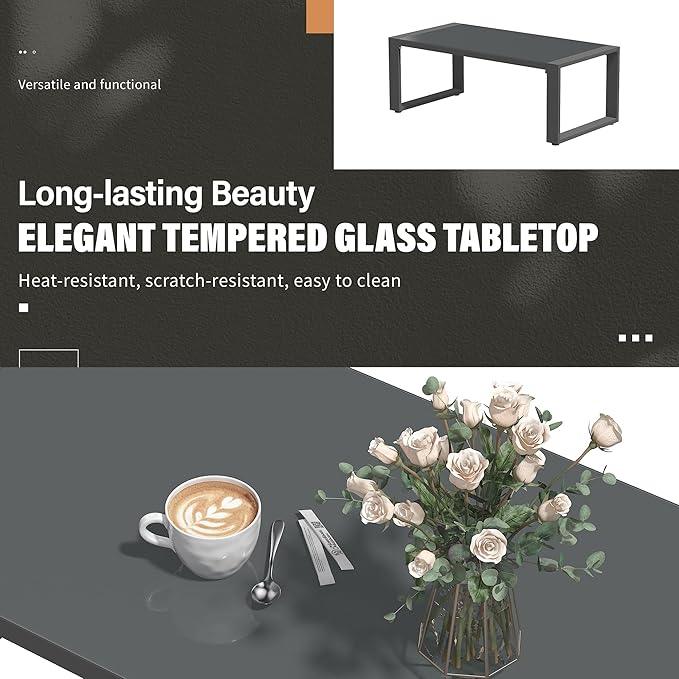 Solaste Outdoor Aluminum Furniture Set - 4 Pieces Patio Sectional Chat Sofa Conversation Set with Tempered Glass Table top Coffee Table,Grey