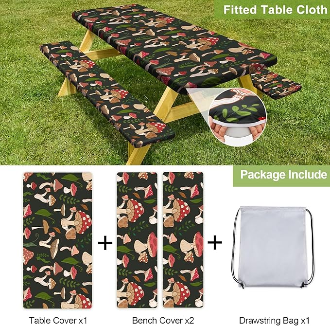Picnic Table Cover with Bench Covers Camping Essentials Waterproof Windproof Camping Tablecloth with Drawstring Bag, Fitted Rectangle Tables and Seats, 96in, Black Red