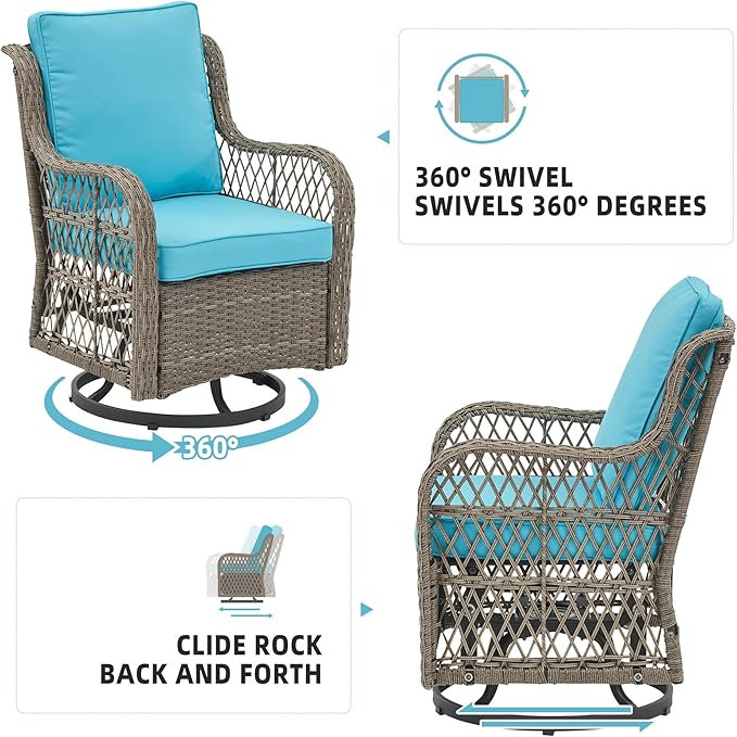 GarveeHome 3 Piece Outdoor Patio Set, Wicker Rocking Bistro Set with 2 Swivel Chairs & Tempered Glass Top Table, Rattan Outdoor Furniture with Cushions for Patio Porch Backyard