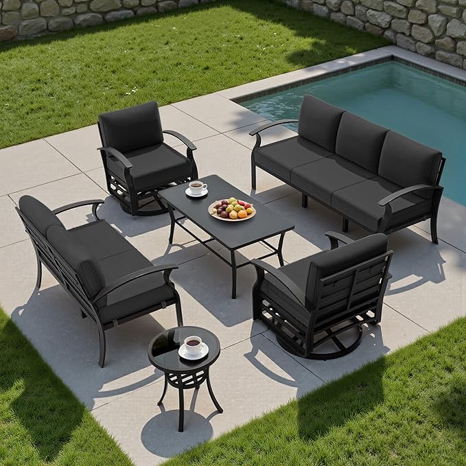 Kullavik Aluminum Patio Furniture Set with Rectangular Coffee Table,7-seat Metal Outdoor Sectional Furniture w/5.1" Cushions,Patio Conversation Sets for Garden,Backyard,Porch-Black