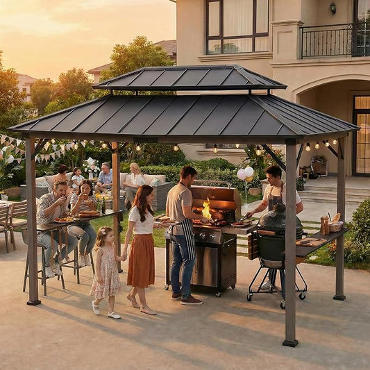 Sunjoy Wooden Grill Gazebo, 8 x 12 ft. Steel Hardtop Outdoor Gazebo for Year-Round Grilling, 2 Full Size Grills, Griddles or Smokers - Cook Station, Barbeque, Built-in Electrical Outlets, Black
