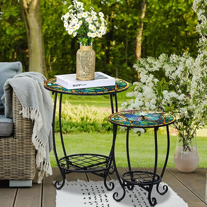 Cinnvoice 2 Pcs Outdoor Side Table Small Patio Round Mosaic Accent End Table Indoor Plant Metal Coffee Tea Tables for Patio Yard Porch Garden Living Room(12" and 16",Butterfly Style)