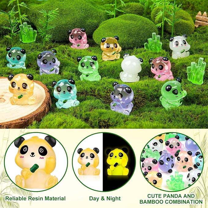 18PCS Luminous Mini Resin Panda Figurines with 2 Bamboos for Dollhouse | Cute Panda Figurines Miniature, Glow in The Dark Mini Panda Bamboo Bulk, Cake Topper, Micro Landscape, Garden DIY