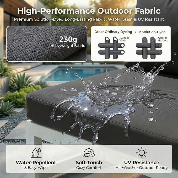 RADIATA 9 Pcs Modern Aluminum Outdoor Patio Furniture Set with Fire Pit Table Propane/Gas, Extra Large All-Weather Modular Sectional Couch, 29" Wide Deep Seating Conversation Sofa for Deck, Dark Grey