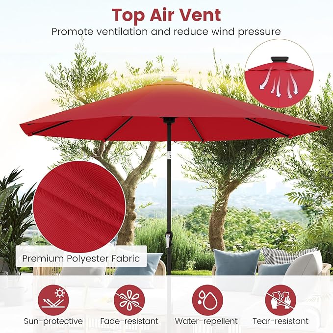 Tangkula 10 FT Solar Patio Umbrella, Outdoor Market Table Umbrella with 96 Multi-Colored Flowing LED Lights, 9 Modes, Tilt Adjustment, Crank Handle, 8 Ribs, Vented Top for Backyard Poolside Deck Lawn