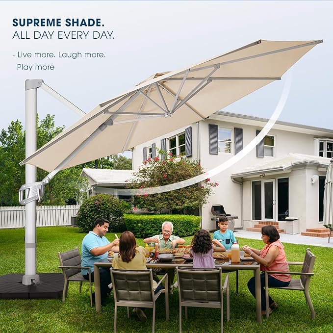 wikiwiki 12FT Cantilever Patio Umbrella, Offset Umbrella Outdoor Patio with 360° Rotation and Unlimited Tilting System, Heavy Duty Large Umbrella with Cross Base, Beige