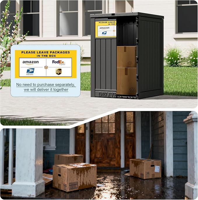 Package Delivery Box for Outside With Sign, Lockable Outdoor Storage Box Waterproof Deck Box, Large Double Wall Resin Parcel Drop Boxes, 48 Gallon, Classic Black